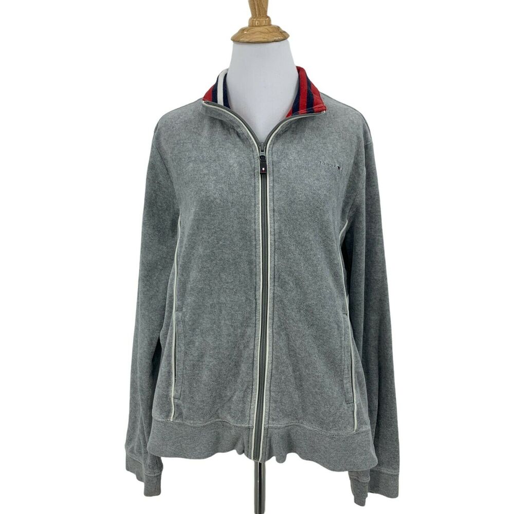 Vintage Tommy Hilfiger Terry Fleece Jacket Womens XL Extra Large Full Zip Gray
